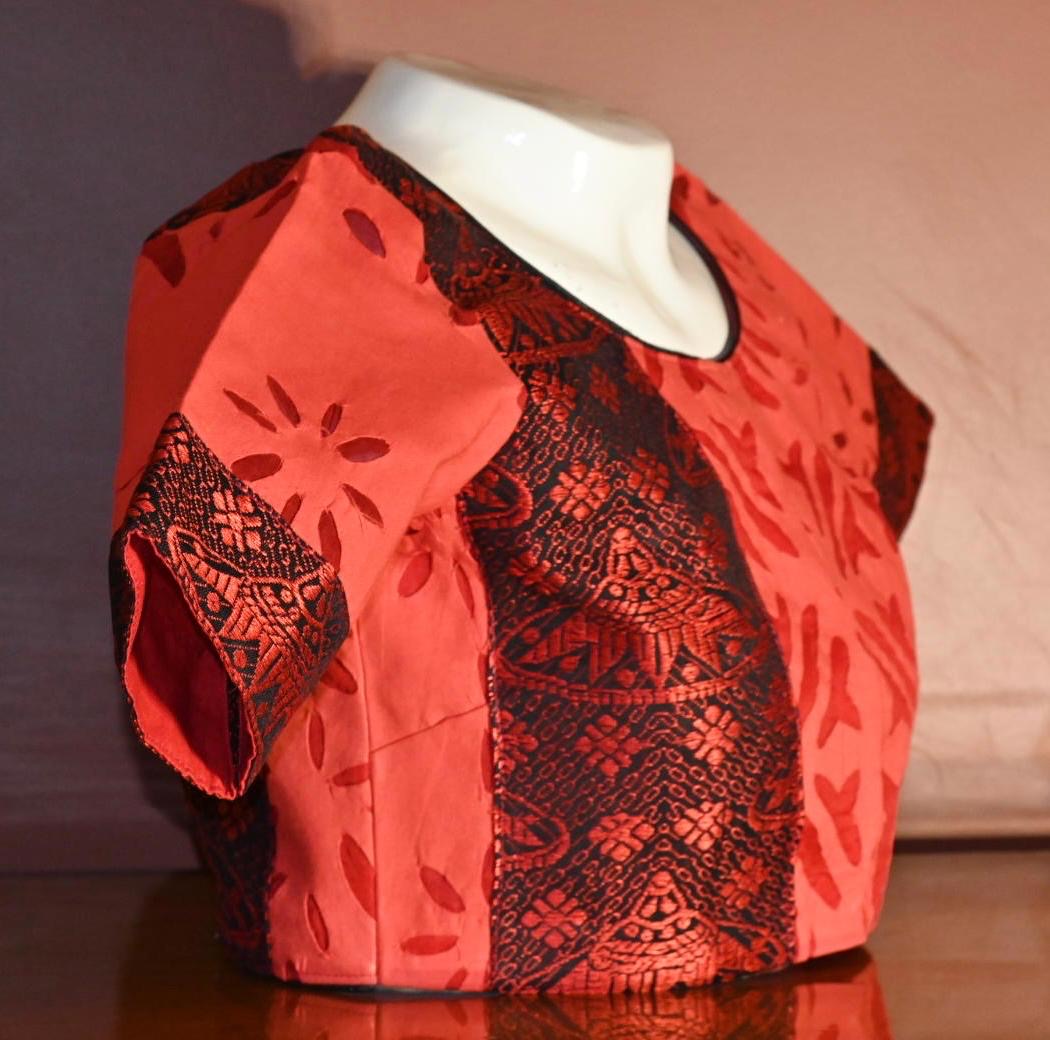 ASSAMESE JAPI DESIGNED BLOUSE FUSED WITH APPLIQUE/CUT WORK FABRIC OF RAJASTHAN-